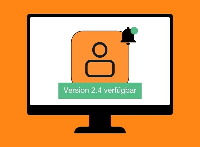 Grafik eines Bildschirms mit dem Logo von JCC-Besucher und einem Hinweis "Version 2.4 verfügbar"