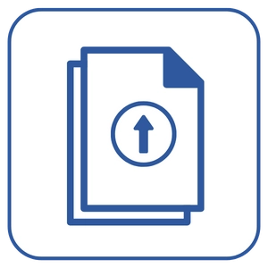 Blaues Icon Dokumentenupload: Zwei Seiten Papier und einem Pfeil, der nach oben zeigt.