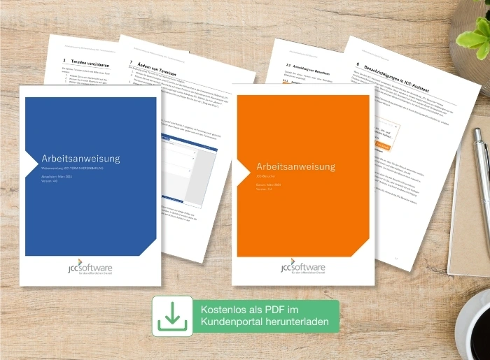 Titelbild - Arbeitsanweisungen von JCC-Terminvereinbarung und JCC-Besucher, die kostenlos als PDF im Kundenportal für den Download zur Verfügung stehen.