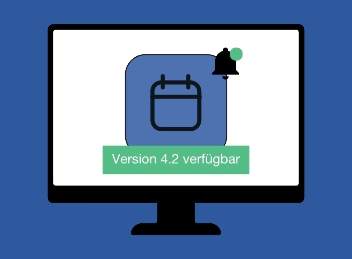 Grafik eines schwarzen Monitors vor einem blauen Hintergrund. Auf dem Bildschirm ist ein blaues Icon zu sehen, dass für JCC-Terminvereinbarung steht. Darüber liegt ein grünes Rechteck mit dem Text "Version 4.2" verfügbar.
